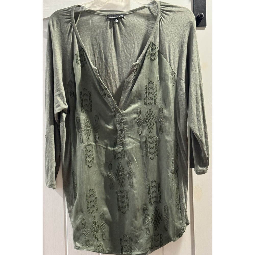 RXB Green Embroidered Roll Tab Sleeve Popover Tunic Blouse Women’s  Size M